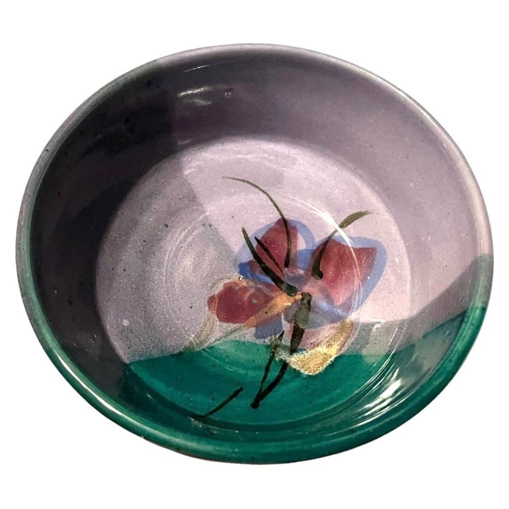 Follette Pottery bowl purples teal flower in bottom unique handmade signed 6 x 2